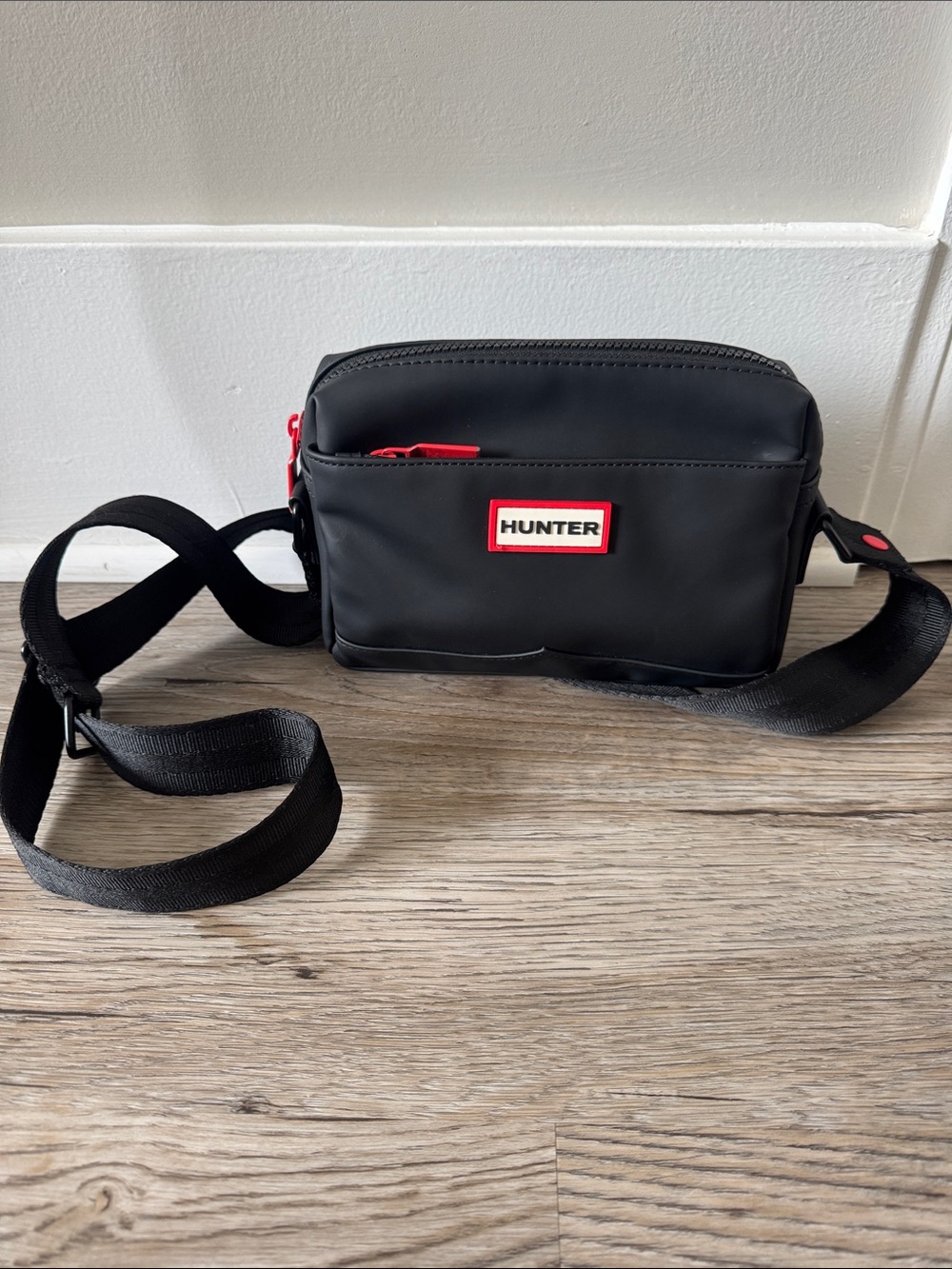 Hunter Black Crossbody Belt Bag with Red Accents